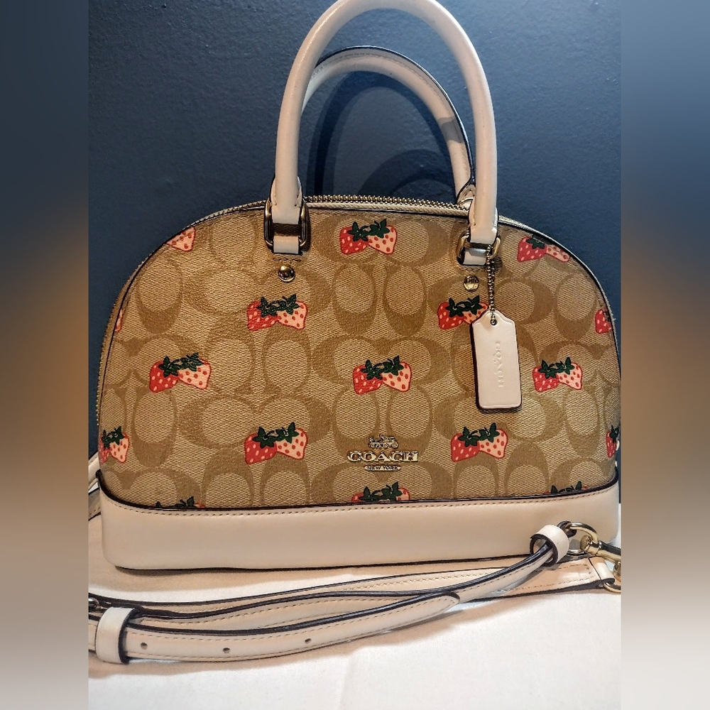 Authentic Coach Mini Sierra Satchel in signature canvas with Strawberry print.